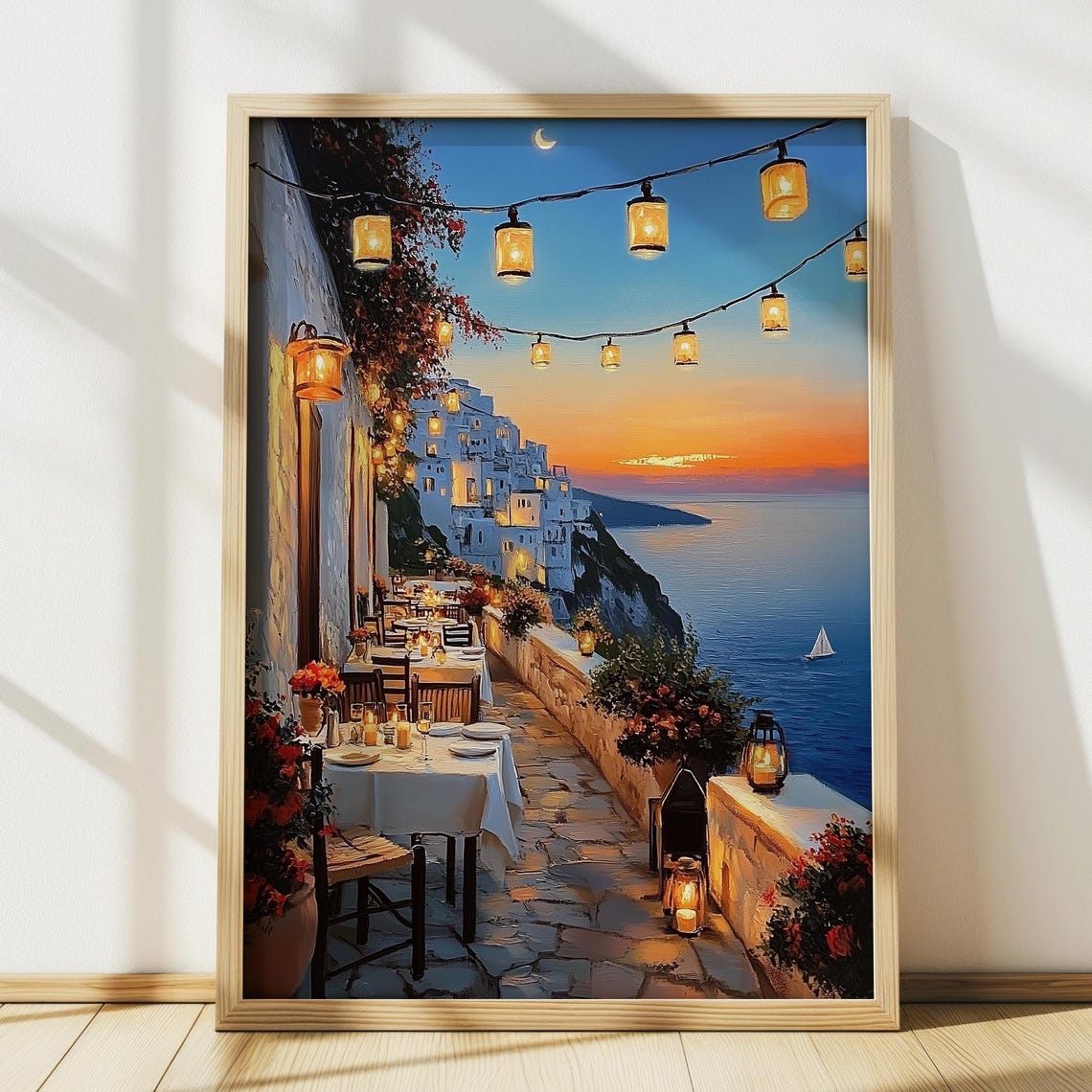 Santorini Cliffside Taverna String Lights Dusk Travel Poster