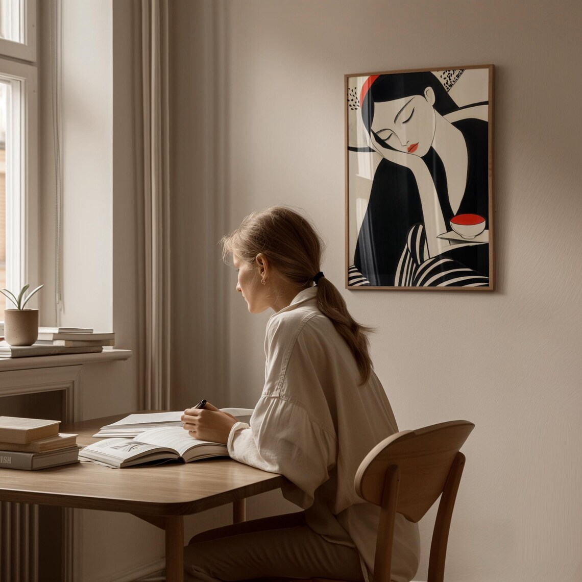 Black White Woman Portrait With Red Accents And Teacup Poster - Image 3