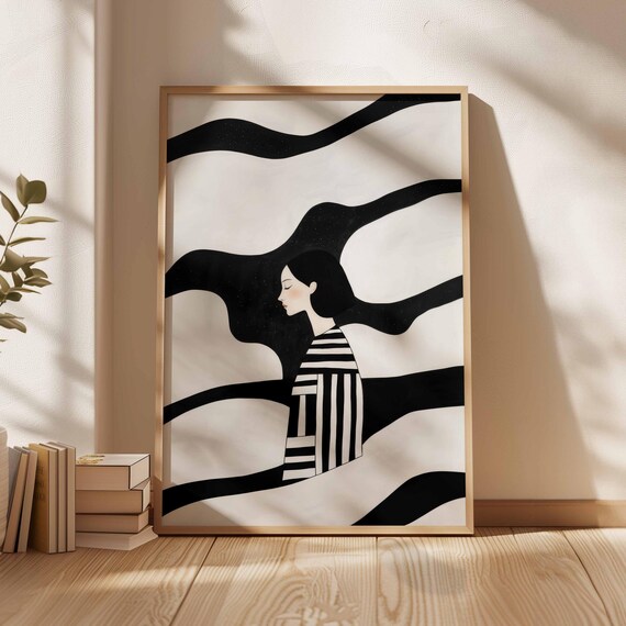 Black And White Striped Woman Portrait Minimalist Art Poster