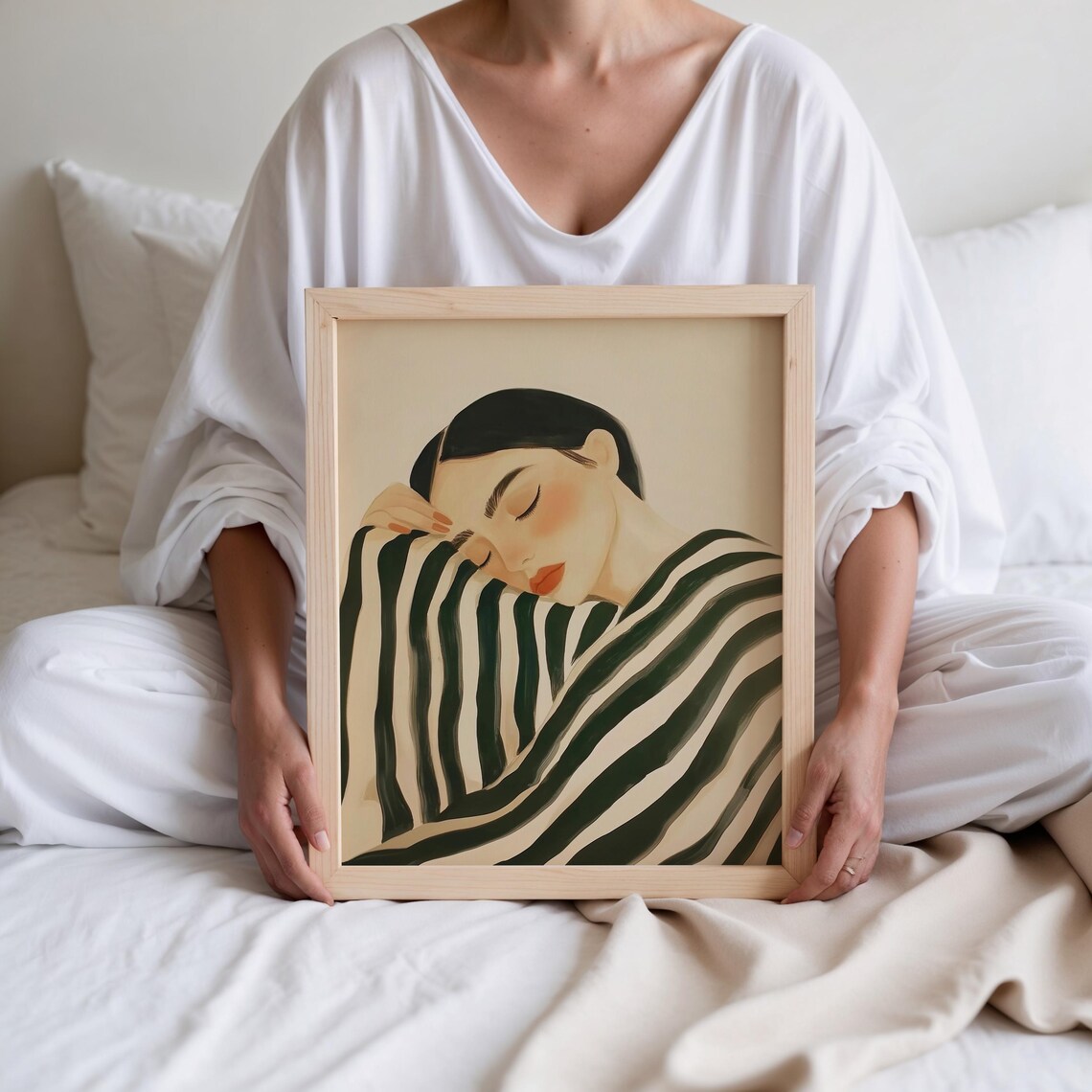 Resting Woman in Emerald Green Striped Blouse Minimalist Poster - Image 3