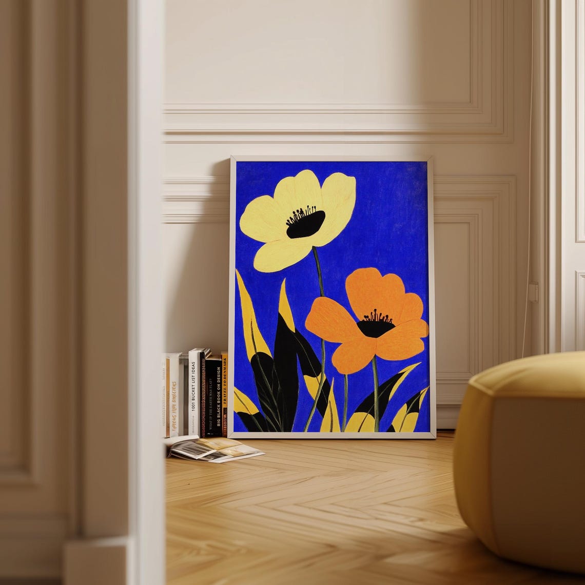 Bold Yellow And Orange Floral Composition On Blue Modern Graphic Wall Art Contemporary Botanical Art - Image 2