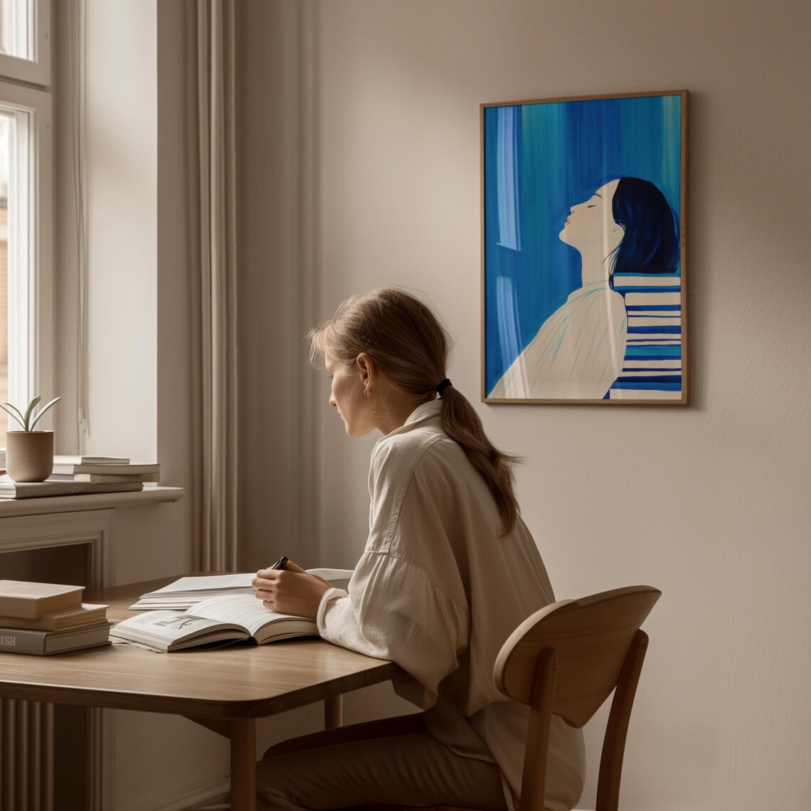 Dreamy Portrait Of A Woman Resting On Books, Minimalist - Image 2