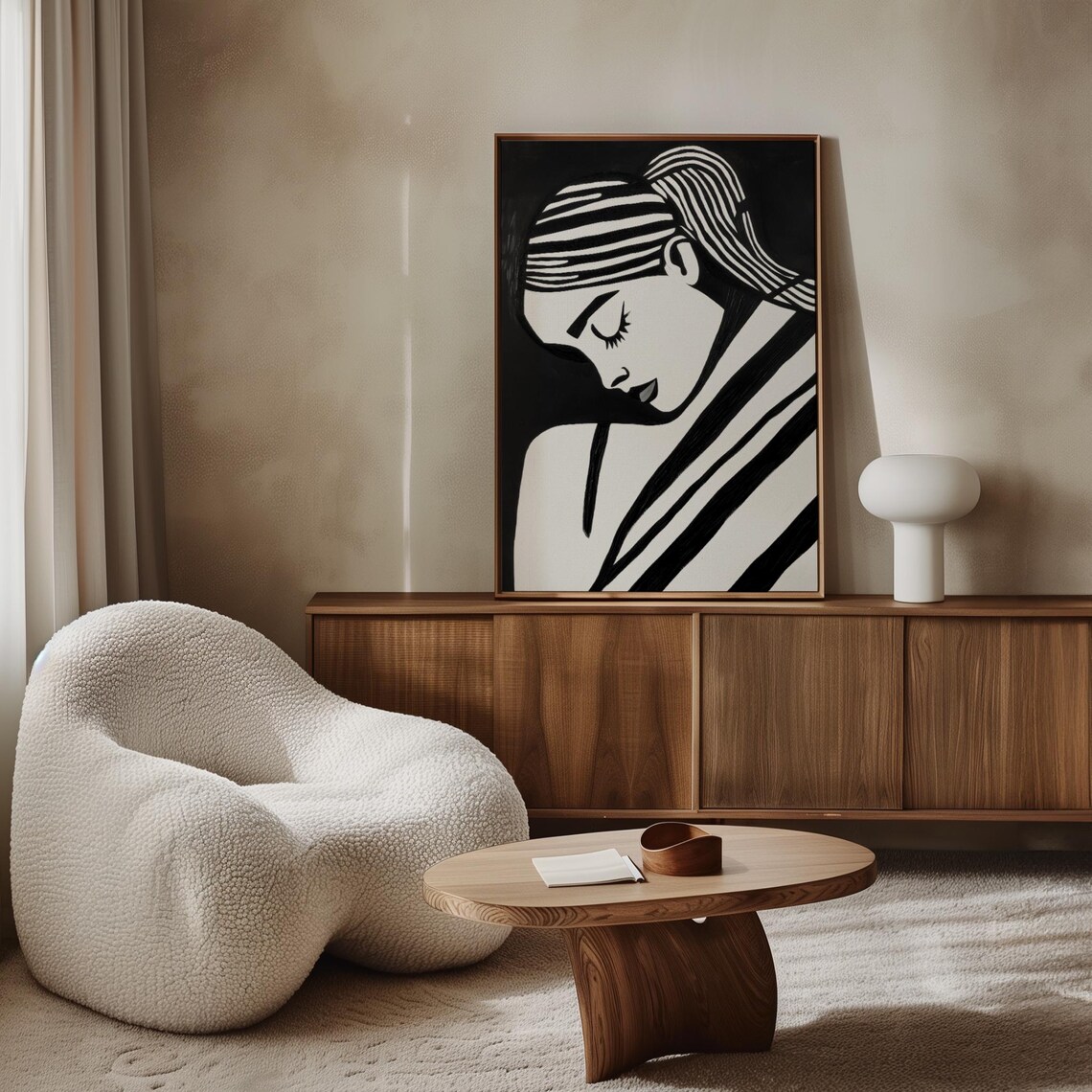 Bold Black White Woman Portrait With Striped Ponytail Poster - Image 2