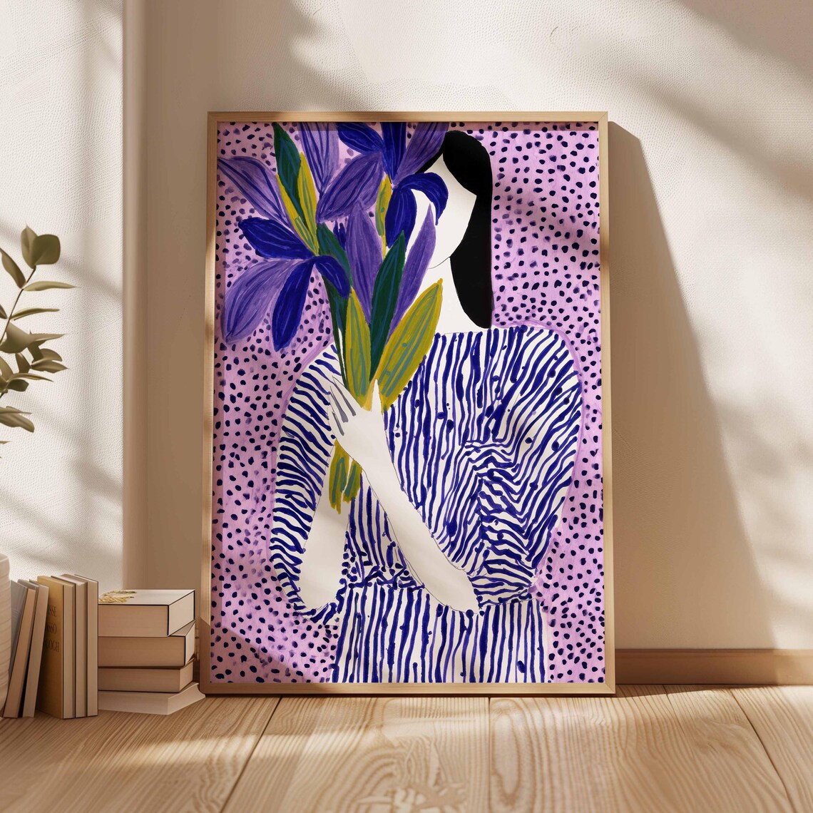 Woman With Purple Irises Bold Floral Portrait Maximalist Poster