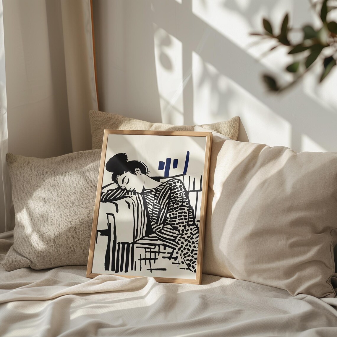 Resting Woman in Patterned Dress Black Ink Illustration Poster - Image 2