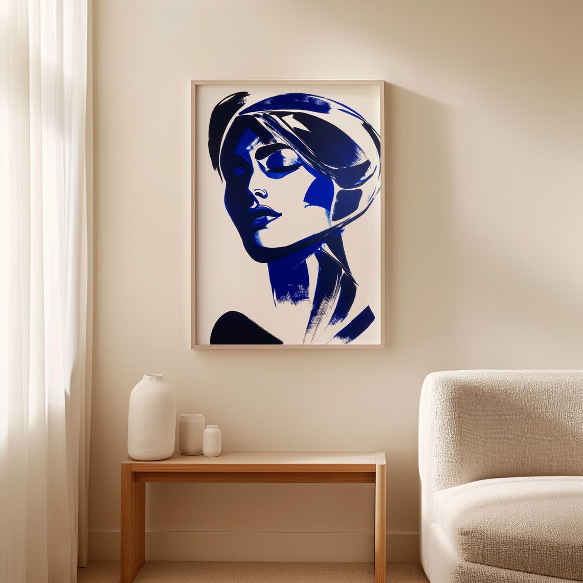 Bold Blue Brushstroke Woman Face Contemporary Modern Art Poster - Image 3