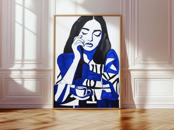 Woman With Coffee Cup in Cobalt Blue Modern Illustration Poster