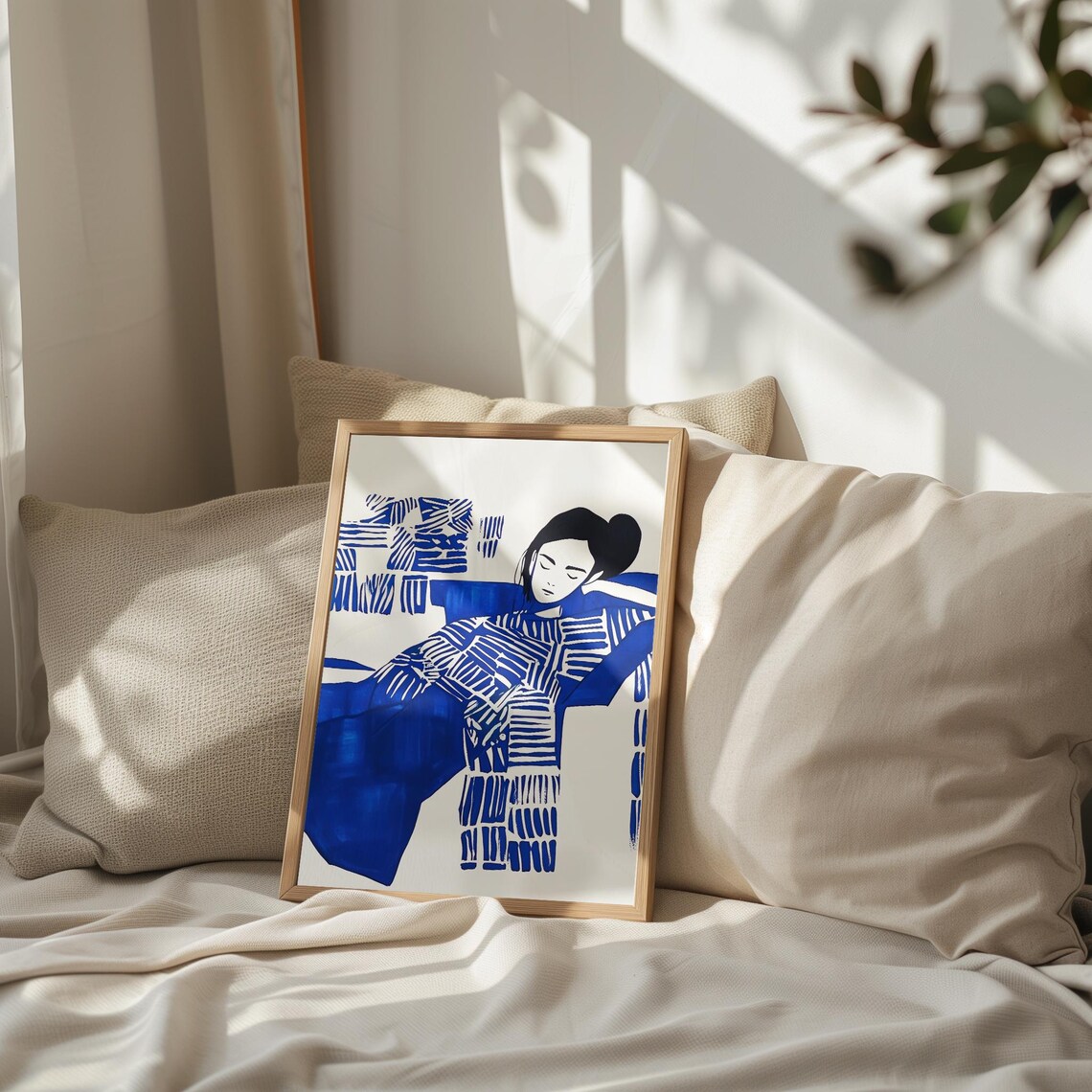 Reclining Woman in Blue Striped Dress Modern Illustration Poster - Image 2