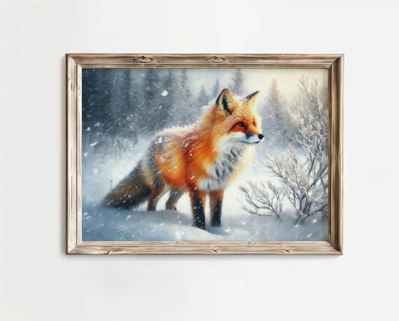 Red Fox In Snowfall Winter Forest Wildlife Oil Painting Rustic Wall Art