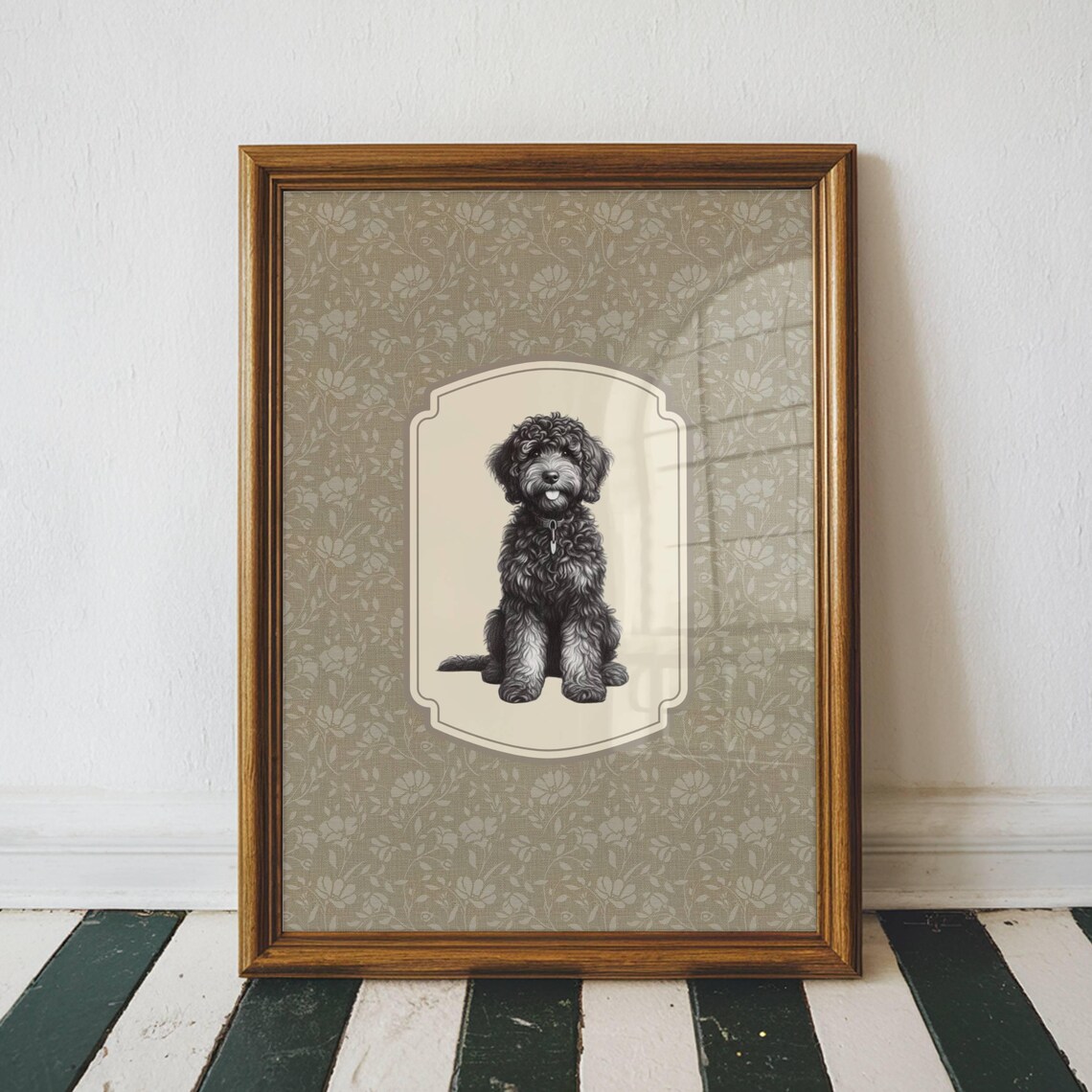 Black Curly Doodle Dog Vintage Portrait Pet Lover Wall Print