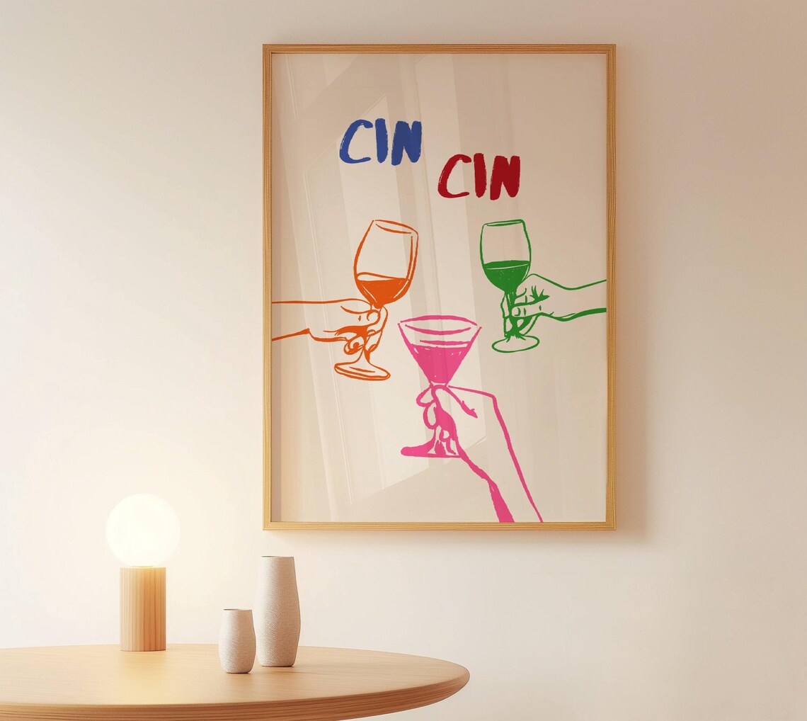 Cin Cin Cheers Colorful Cocktail Glass Toast Bar Cart Art Print