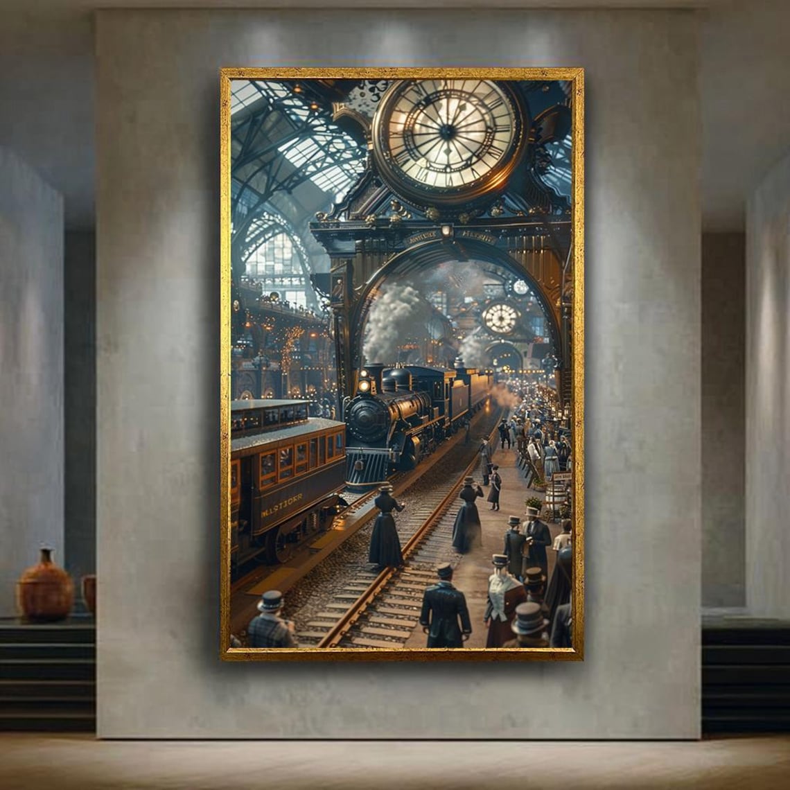 Steampunk Victorian Train Station Steam Locomotive Grand Clock Poster