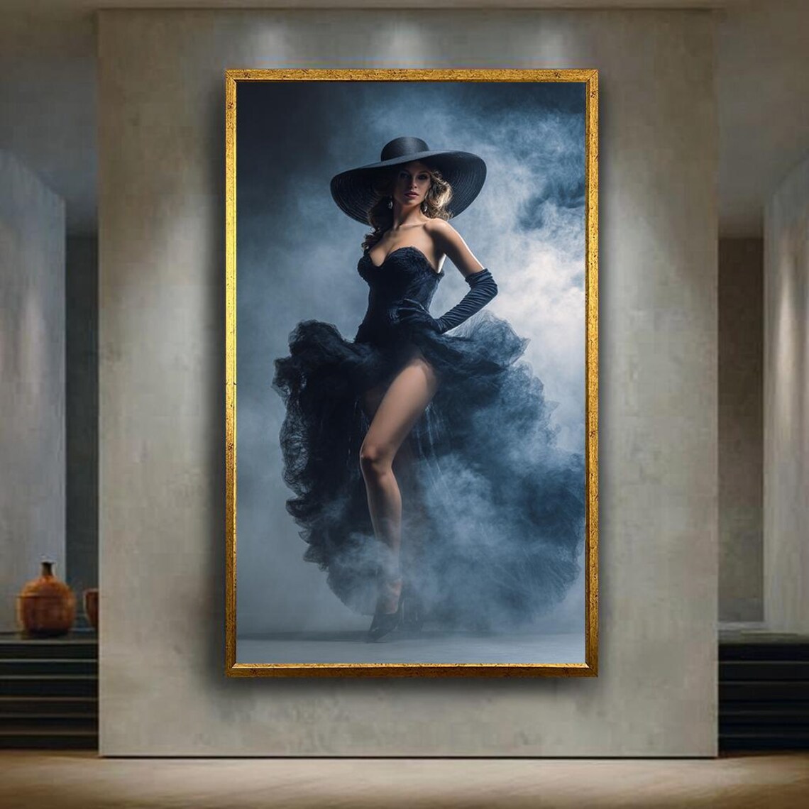 Glamorous Woman In Black Gown And Wide Brim Hat Canvas Wall Art Elegant High Fashion Portrait Photography For Luxury Home Decor