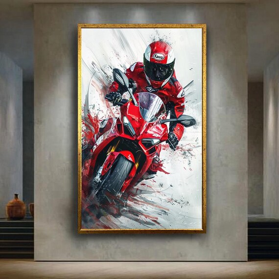 Red Racing Motorcycle Rider Speeding Watercolor Splash Action Poster