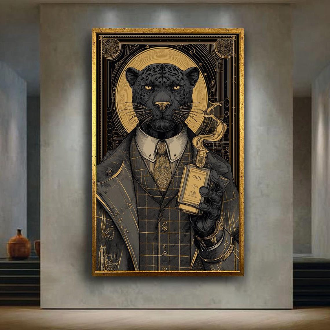Gentleman Panther in Suit With Whiskey Deco Noir Luxury Cat Art Poster