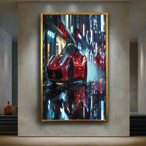 Red Sports Car Night City Street Neon Reflections Luxury Poster