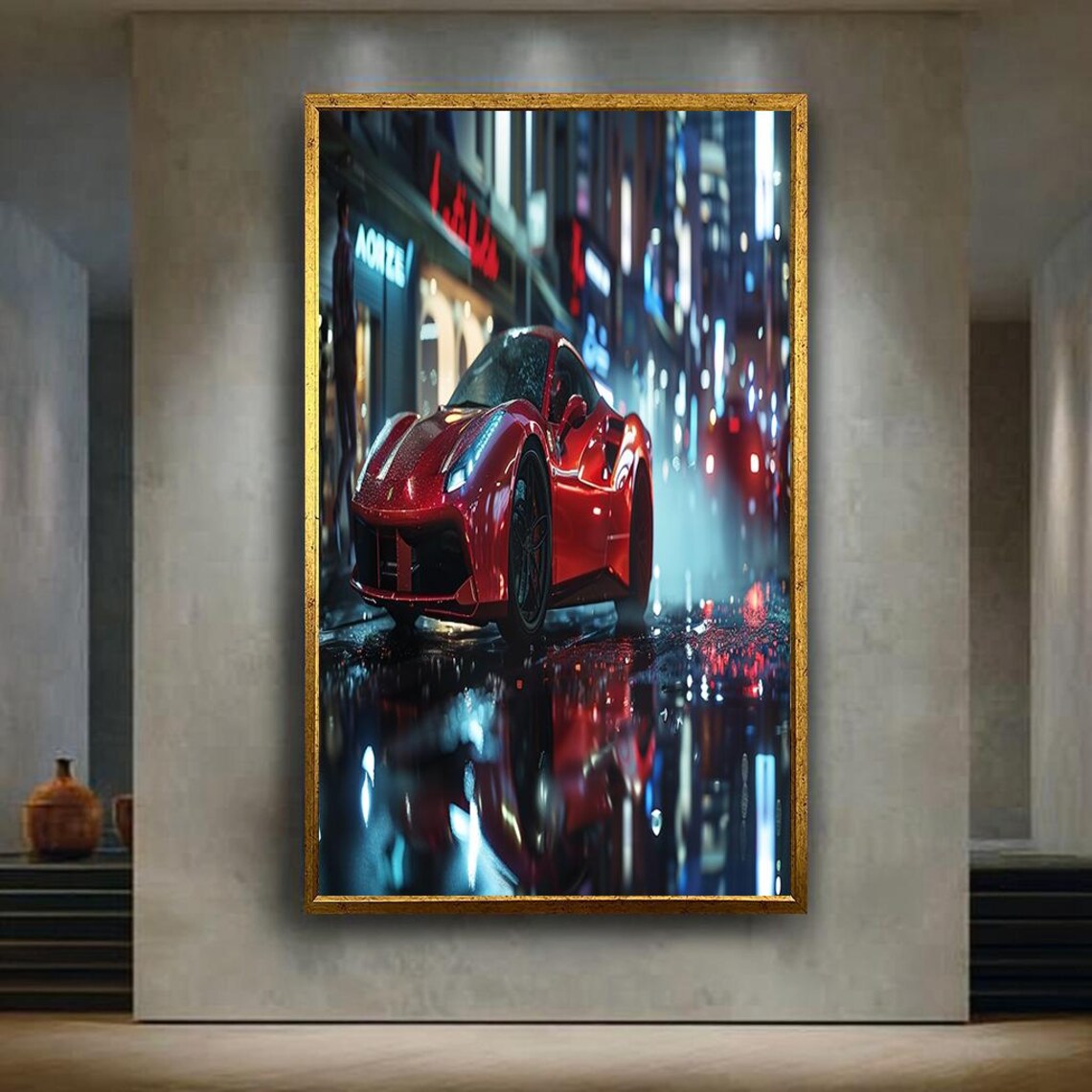 Red Sports Car Night City Street Neon Reflections Luxury Poster