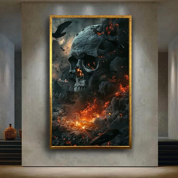 Apocalyptic Skull Canvas Wall Art Dark Burning Landscape With Ravens Gothic Horror Fantasy Print For Haunted And Dramatic Home Decor