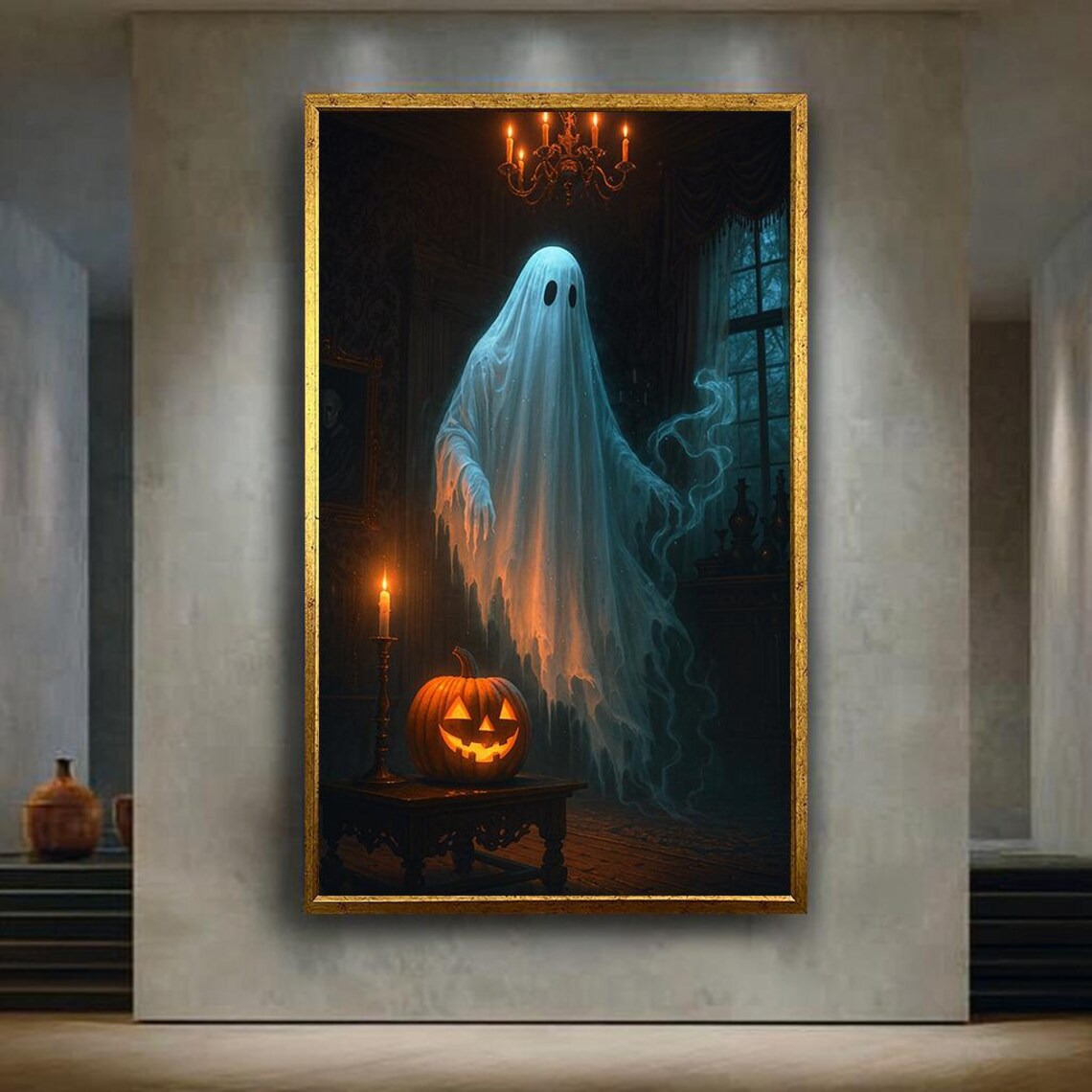 Haunted And Pumpkin Canvas Wall Art Spooky Halloween Print Gothic House Artwork For Seasonal Home Decor
