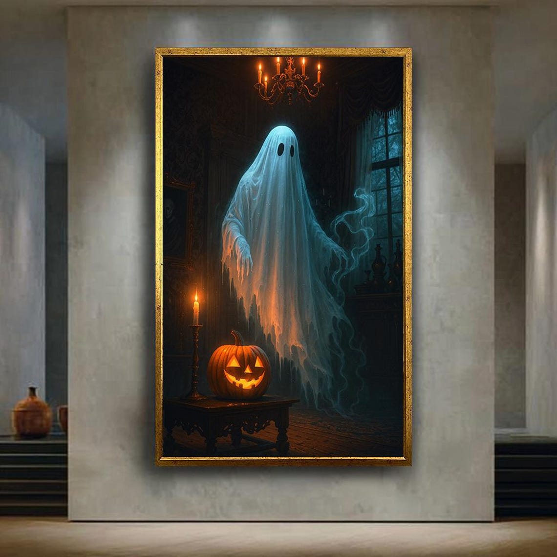 Haunted Ghost With Jack O Lantern Spooky Victorian Halloween Print