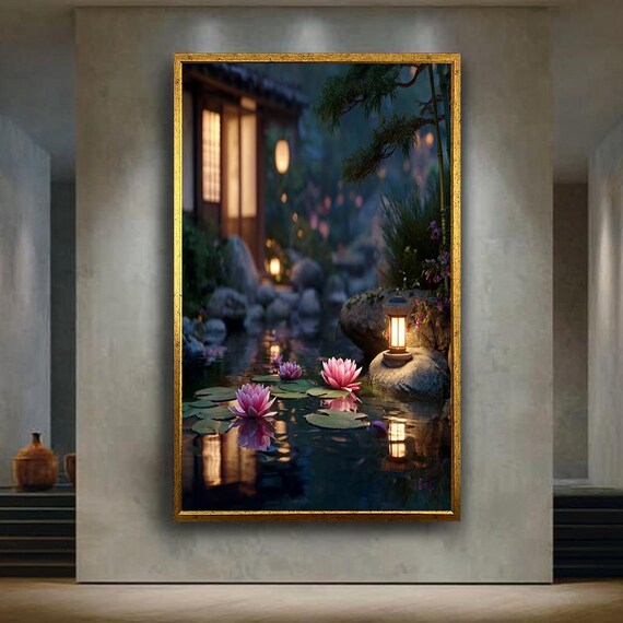 Japanese Zen Garden Wall Art Print Pond With Lantern Canvas Peaceful Nature Home Decor Tranquil Spa Meditation Poster