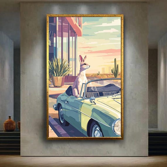 Retro Bunny Car Wall Art Print Funny Animal Driving Vintage Convertible Canvas Pop Rabbit Poster Modern Whimsical Decor