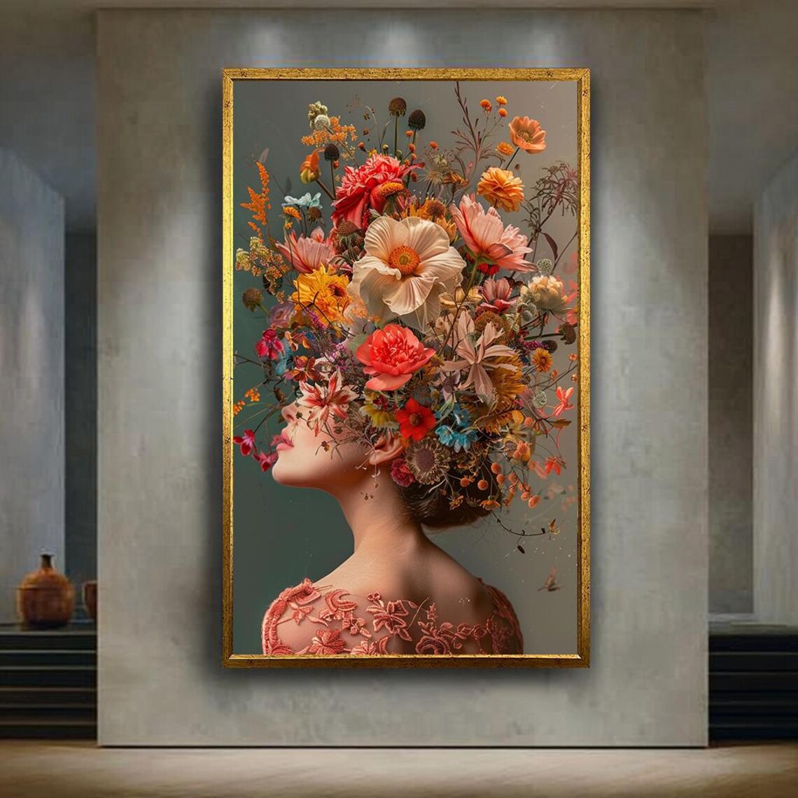 Floral Woman Portrait, Bohemian Botanical Art Print