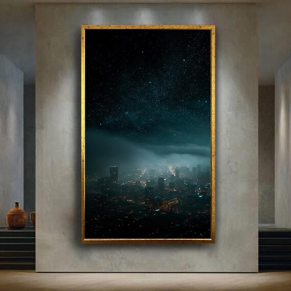 Starry Night Cityscape Wall Art Dark Urban Skyline Print With Stars Dreamy Sky Poster Midnight Lights Canvas Decor