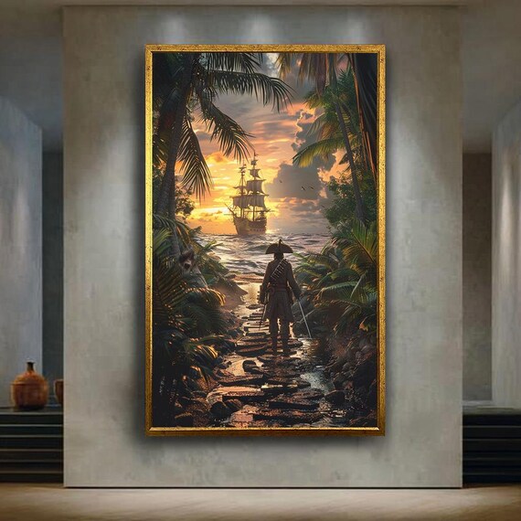 Pirate Captain Tall Ship Tropical Sunset Adventure Fantasy Poster
