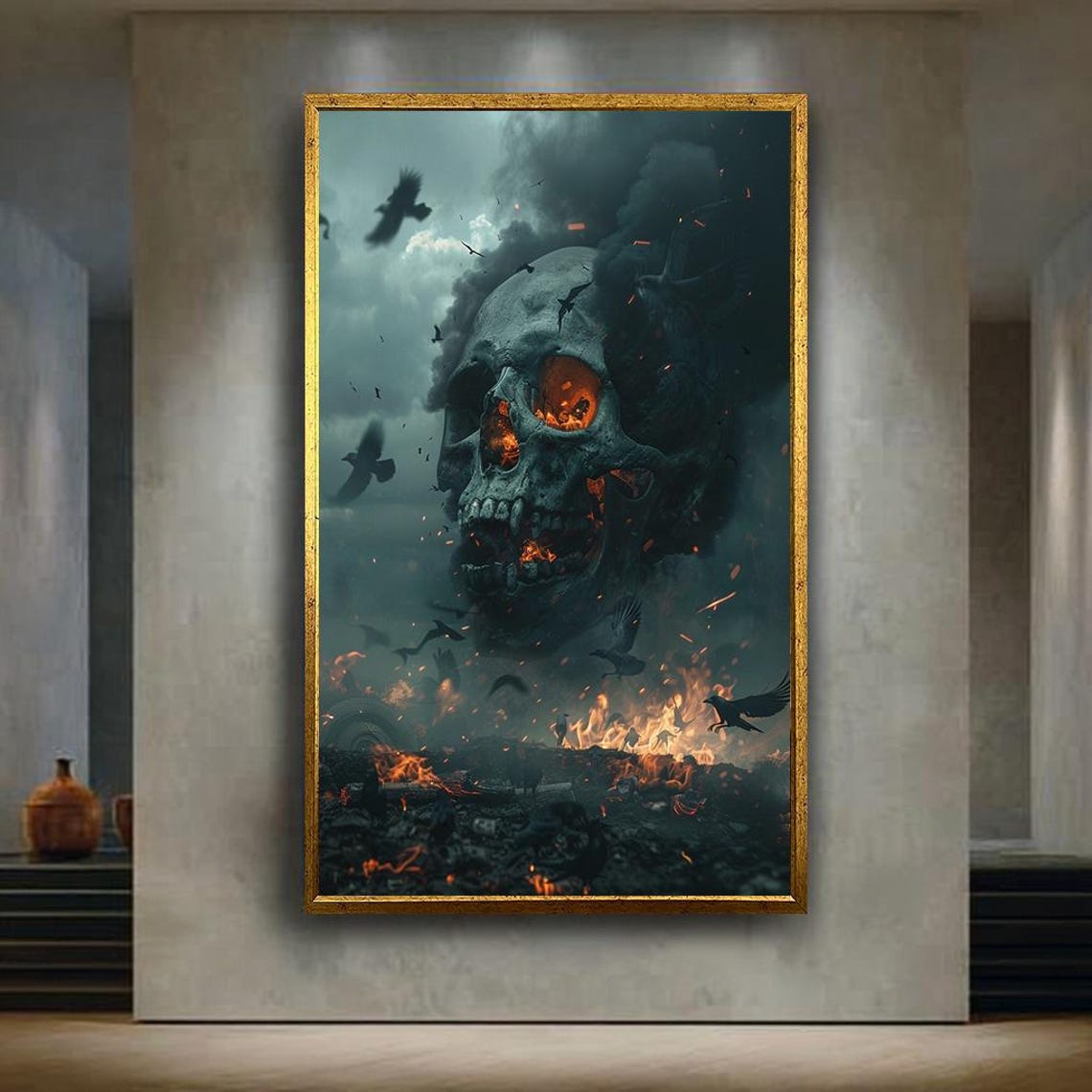 Burning Skull Apocalypse Canvas Wall Art Dark Gothic Horror Scene With Ravens And Fire Dramatic Fantasy Print For Bold Home Decor