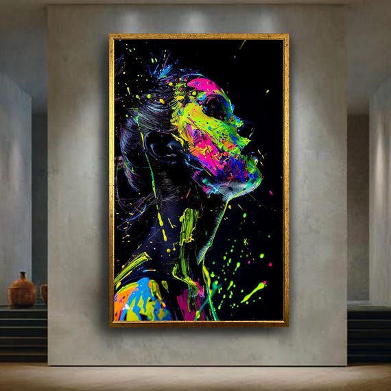 Neon Paint Splash Woman Canvas Wall Art Vibrant Abstract Portrait Colorful Modern Print For Contemporary Home Or Studio Decor