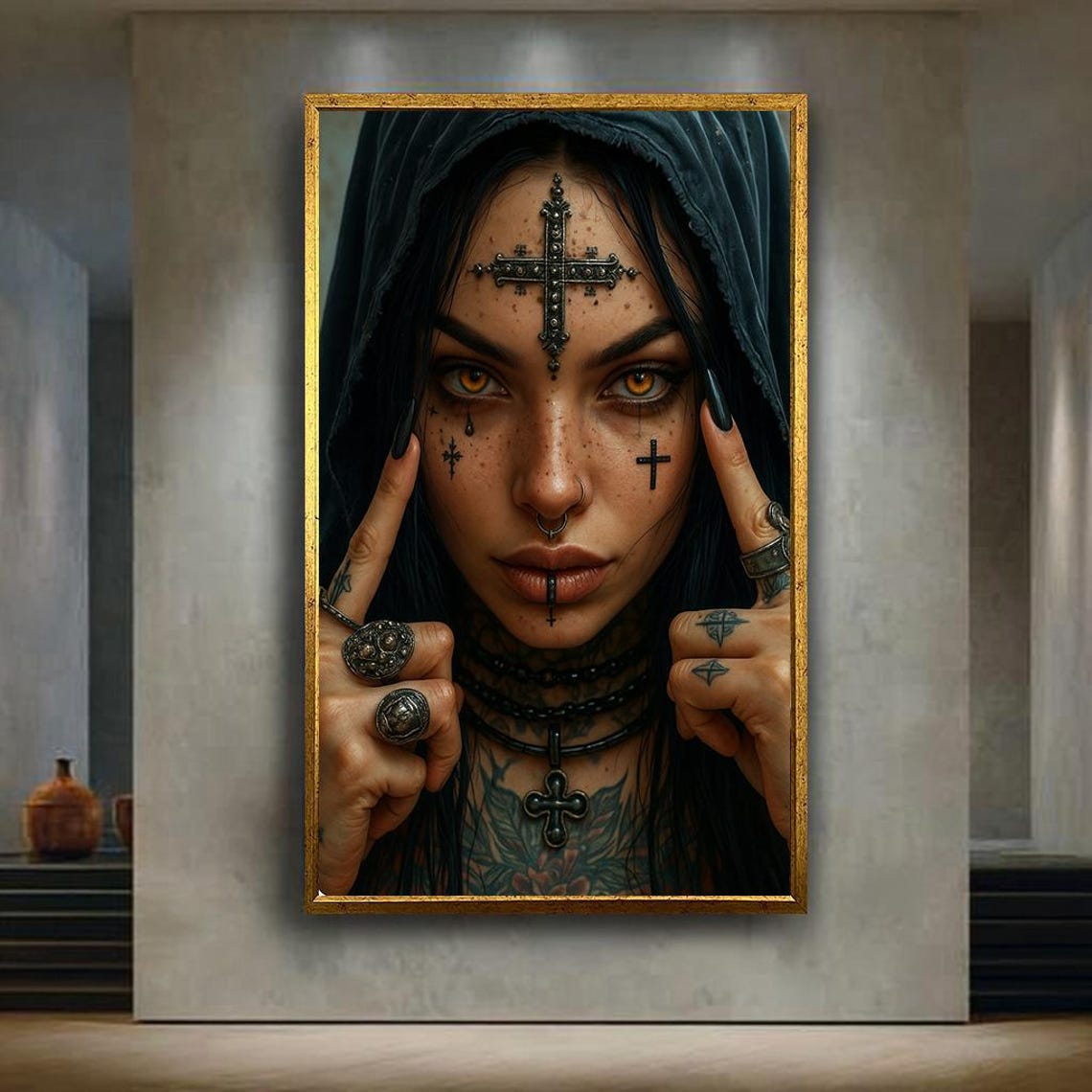 Gothic Tattooed Woman With Cross Markings Amber Eyes Dark Art Poster