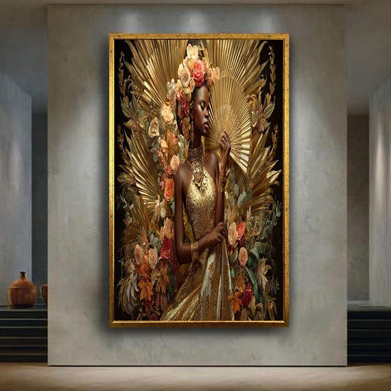 Elegant African Woman Canvas Wall Art With Gold Dress And Floral Crown Luxury Glamour Portrait Home Decor For Living Room