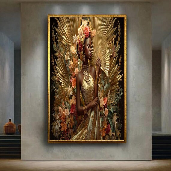 Luxury Elegant African Woman Gold Dress Floral Crown Fan Wall Art