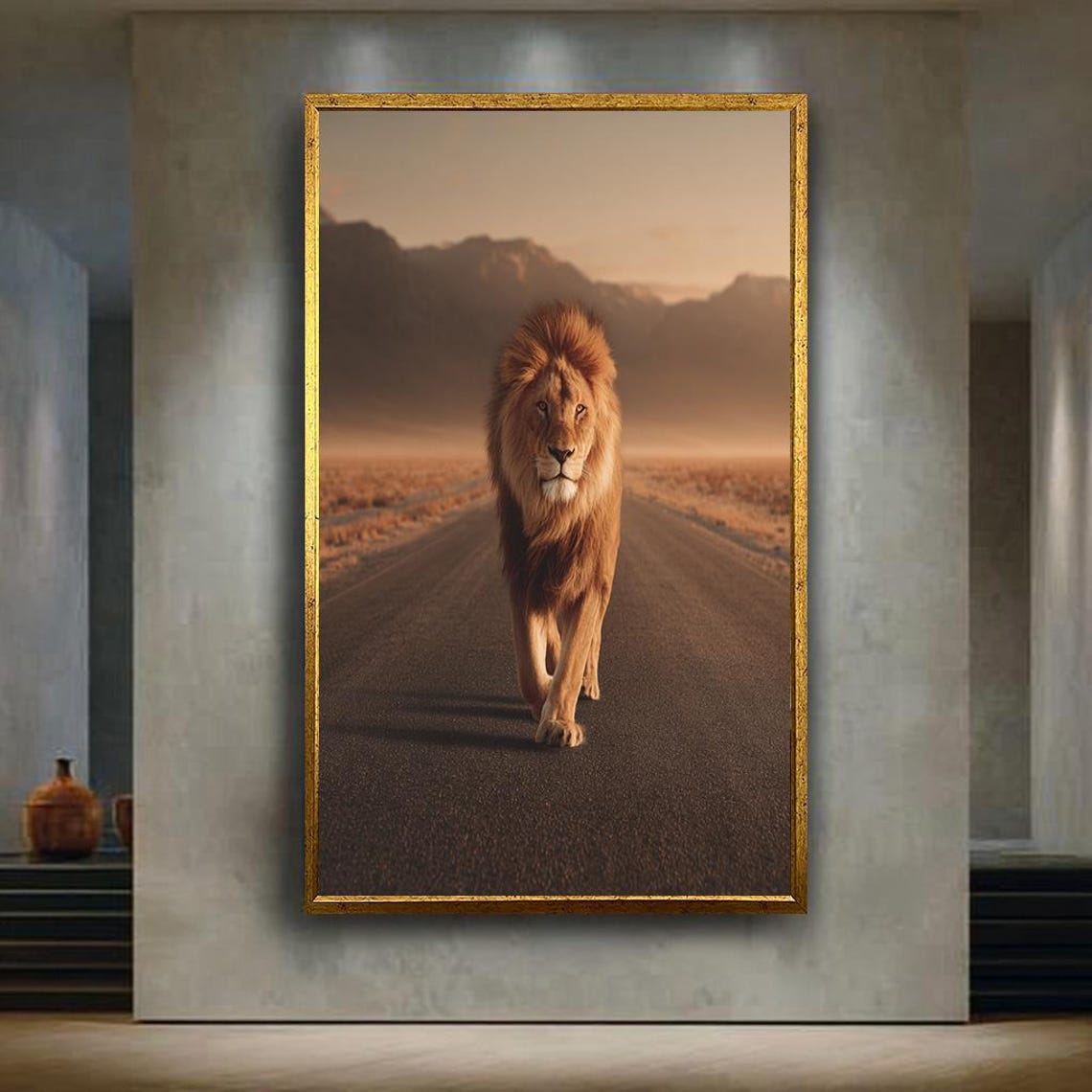 Majestic Lion Walking Desert Road At Sunset Safari King Animal Poster
