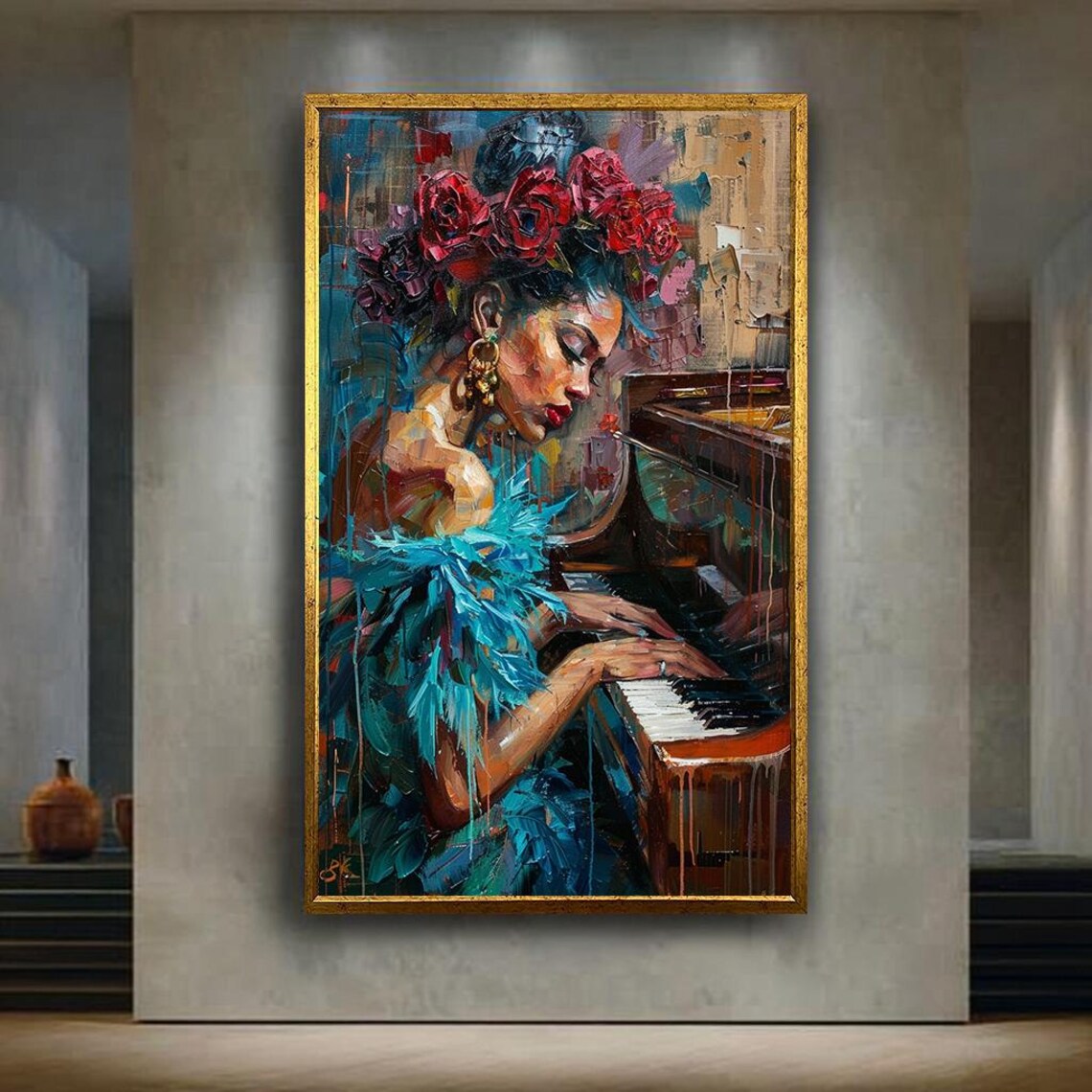 Elegant Woman Playing Grand Piano in Teal Dress Impasto Music Poster
