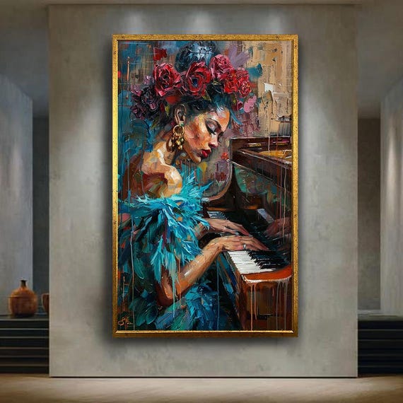 Piano Player Woman Canvas Wall Art Colorful Oil Painting Style Music Artwork For Home Decor Gift Musicians And Lovers