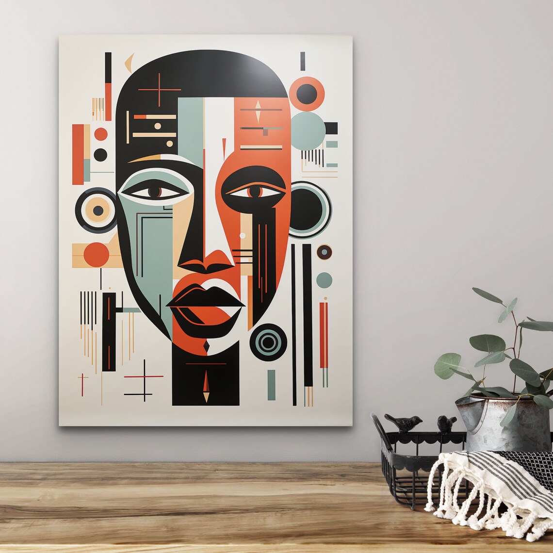 Art Deco Cubist Face Mask In Red Black And Cream Geometric Poster - Image 2