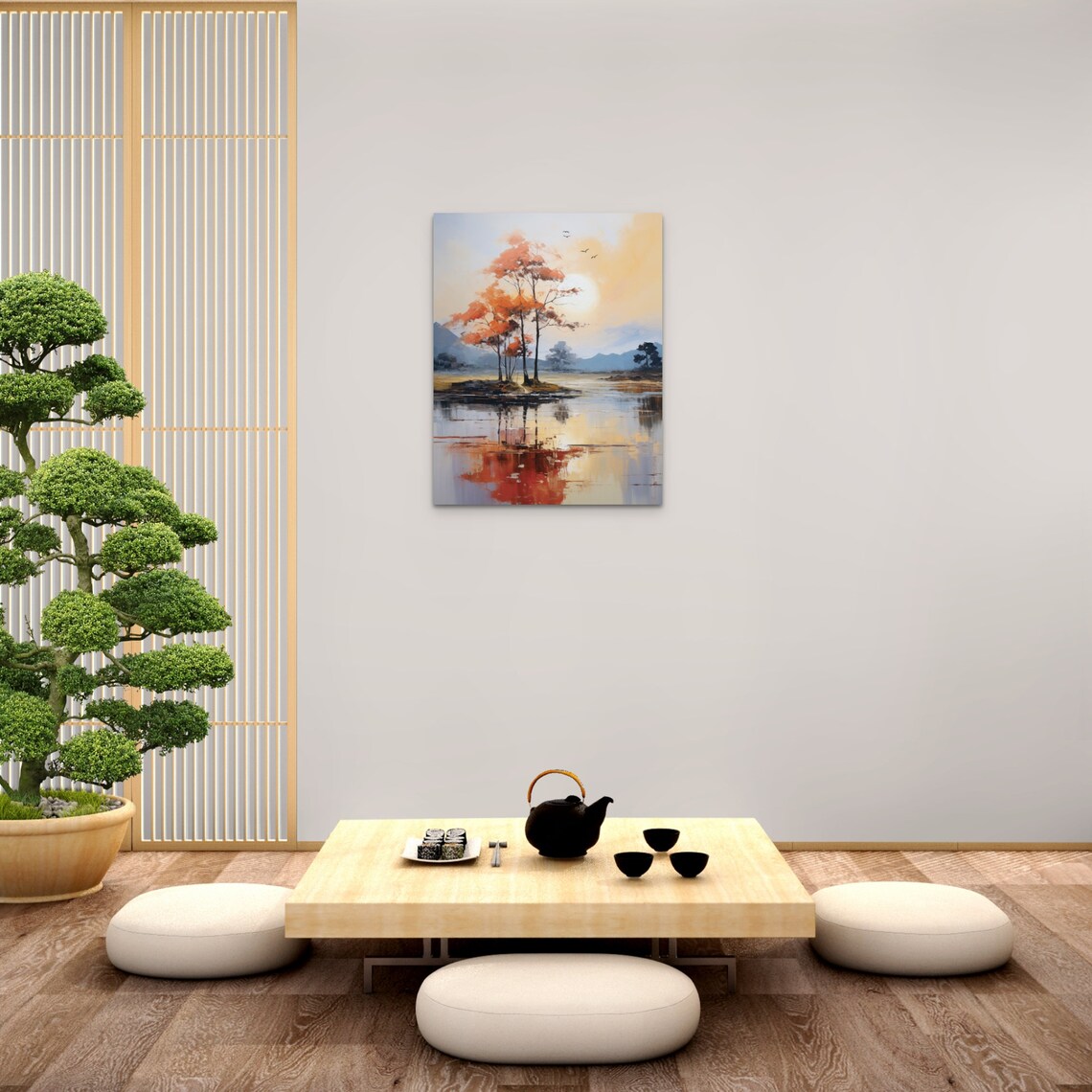 Autumn Trees Reflecting On Lake Serene Landscape Painting Poster