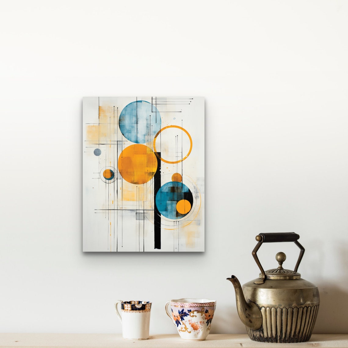 Abstract Orange And Blue Circles Geometric Watercolor Wall Art - Image 3