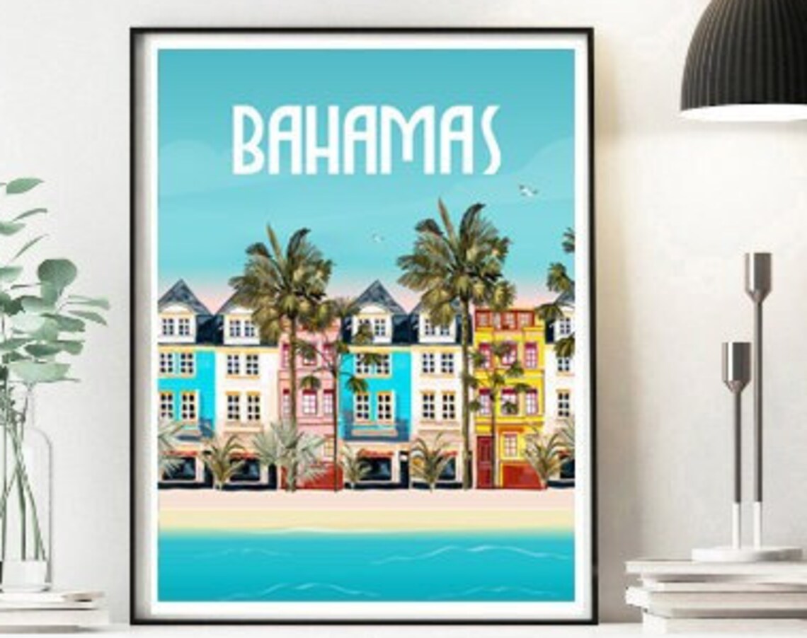 Bahamas Retro Travel Poster, Coastal Wall Art