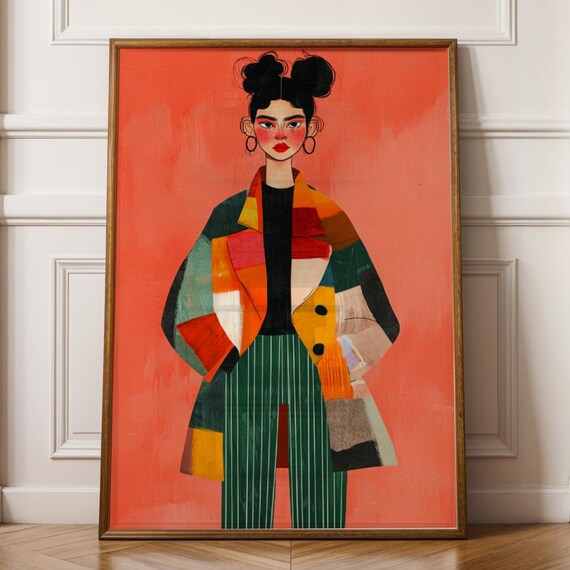 Fashion Girl in Patchwork Coat Coral Orange Modern Art Print