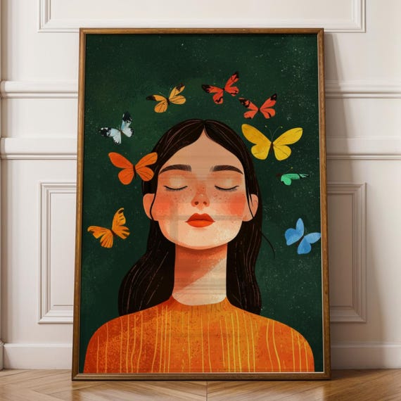 Portrait Painting Abstract People Large Wall Art With Butterflies Minimalist Woman Print