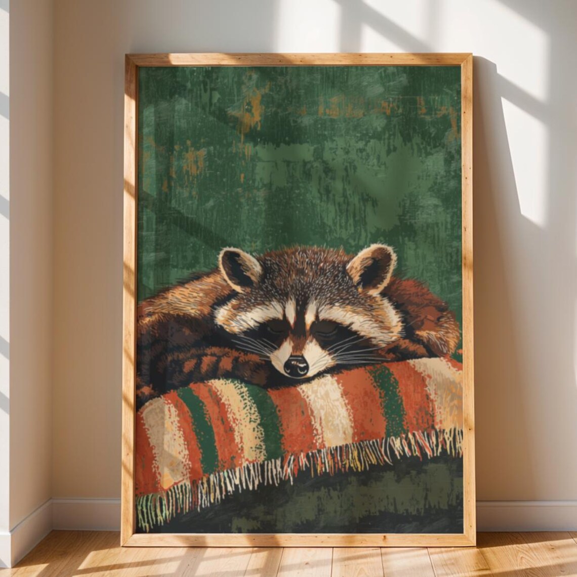 Emerald Green Raccoon Print Whimsical Bedroom Wall Art Pdf Png