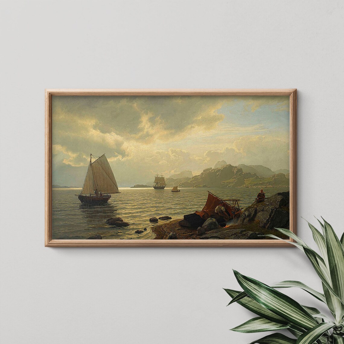 Sunset Coast Sailboats Fishermen Rocky Shore Golden Sky Marine Painting Poster