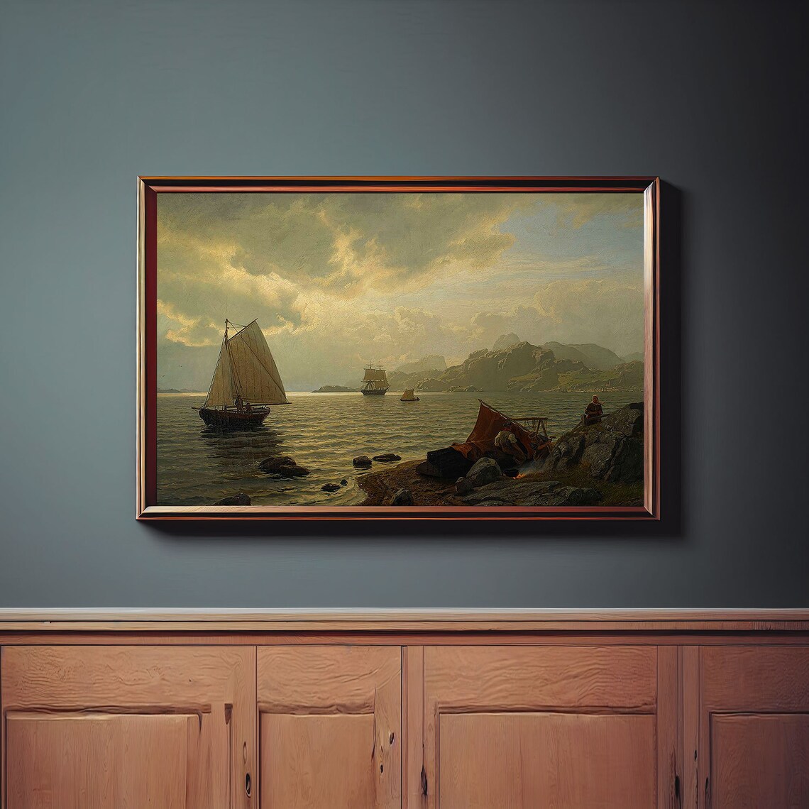 Sunset Coast Sailboats Fishermen Rocky Shore Golden Sky Marine Painting Poster - Image 2