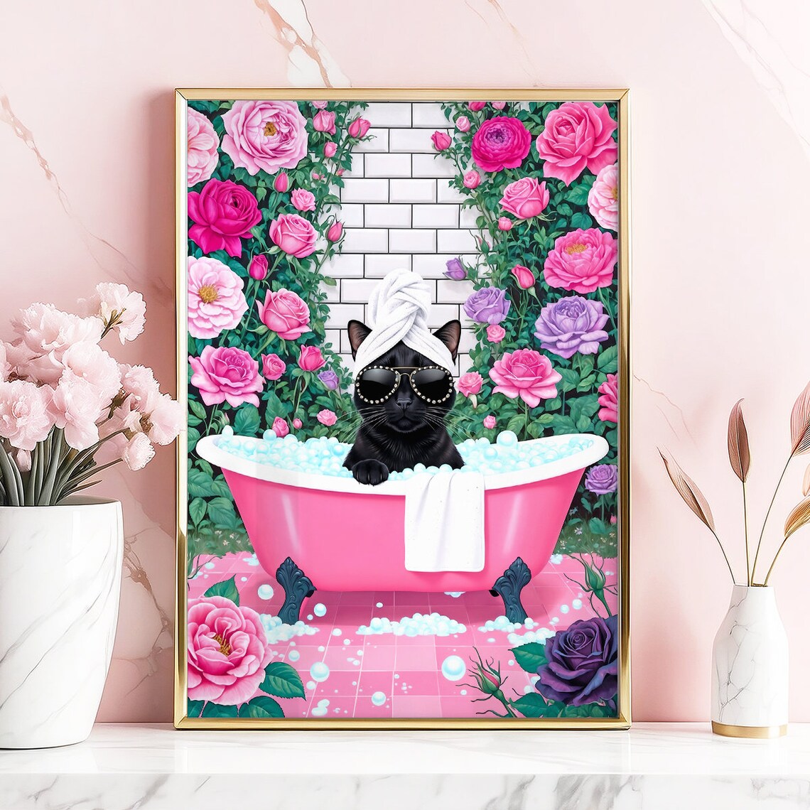 Black Cat Spa Day Sunglasses Pink Bubble Bath Funny Bathroom Poster - Image 2