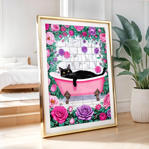 Black Cat Lounging In Pink Bathtub Surrounded By Rose Garden Poster