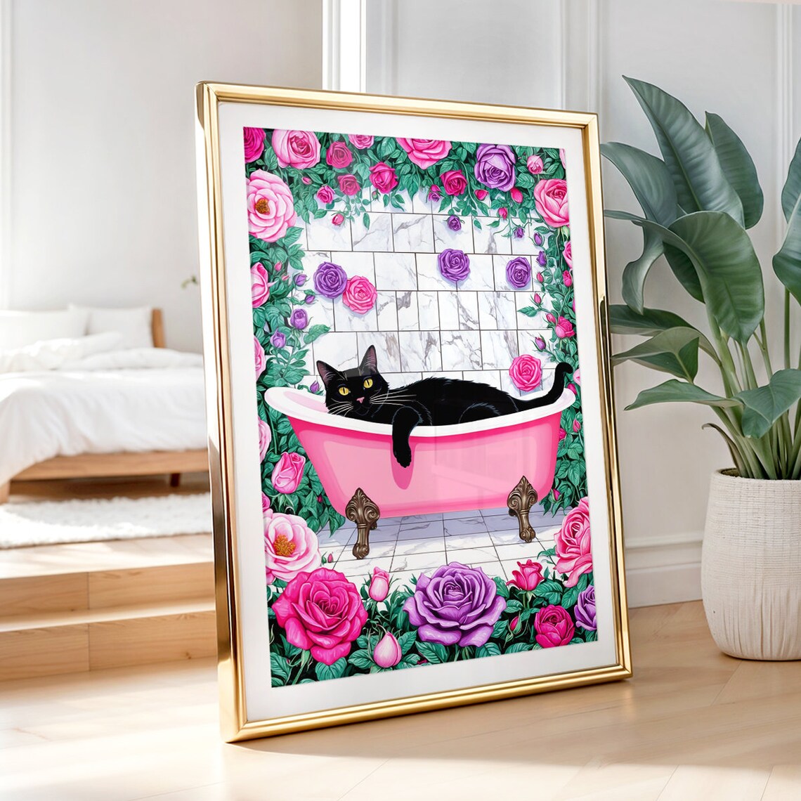 Black Cat Lounging In Pink Bathtub Surrounded By Rose Garden Poster