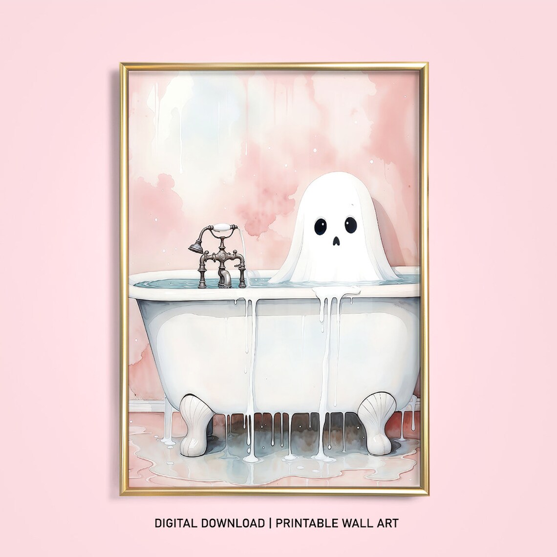 Cute Ghost In Bath Pink Halloween Bathroom Art